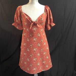Orange, flower print, tie front dress- L